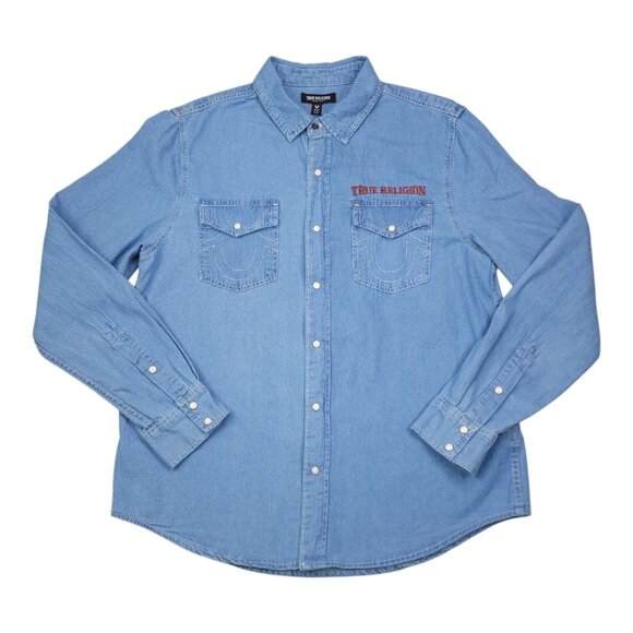 True Religion Light Blue Chambray Long Sleeve Shirt M Snaps Denim Chest Pockets - Picture 13 of 13